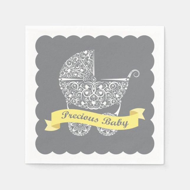 Lacy Baby Carriage Napkin Yellow & Grey (Front)