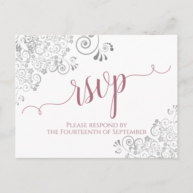 Lacy Calligraphy Dusty Rose White Wedding RSVP Postcard (Front)