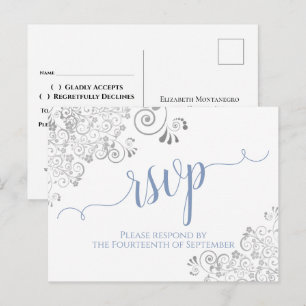 Lacy Calligraphy Light Blue on White Wedding RSVP Postcard
