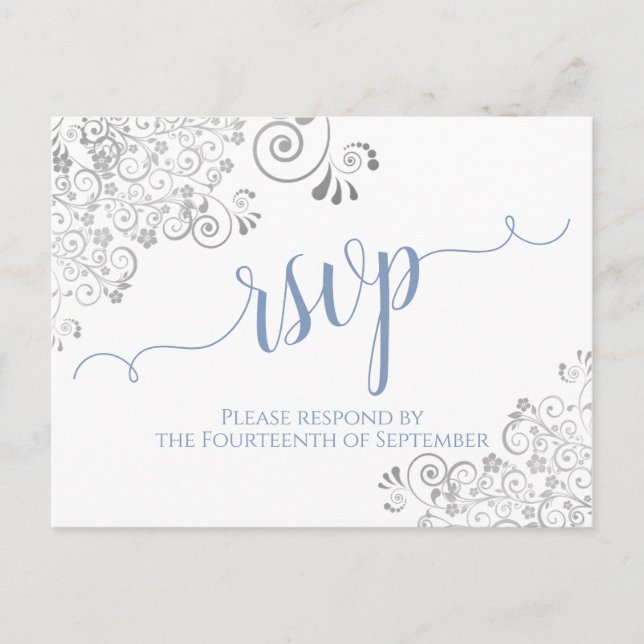 Lacy Calligraphy Light Blue on White Wedding RSVP Postcard (Front)