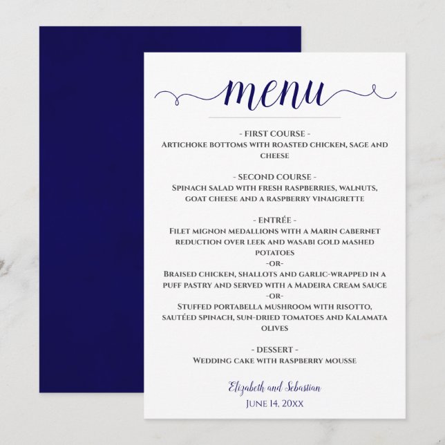 Lacy Calligraphy Navy Blue & White Wedding Menu (Front/Back)