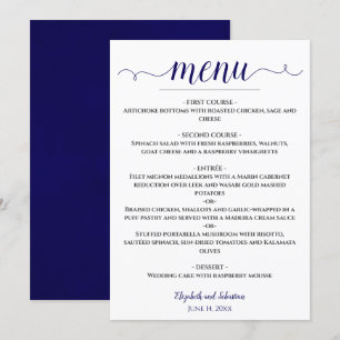 Lacy Calligraphy Navy Blue & White Wedding Menu
