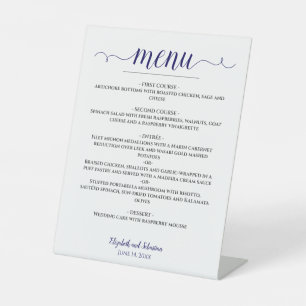 Lacy Calligraphy Navy Blue & White Wedding Menu Pedestal Sign