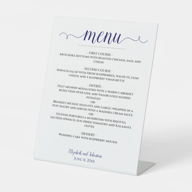 Lacy Calligraphy Navy Blue & White Wedding Menu Pedestal Sign (Front)