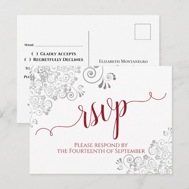 Lacy Calligraphy Red & White Wedding RSVP Postcard (Front/Back)