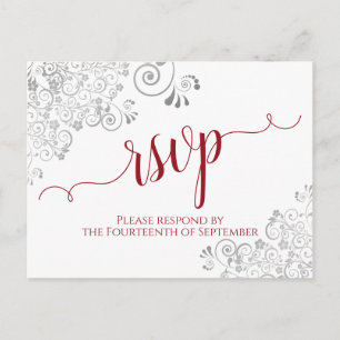 Lacy Calligraphy Red & White Wedding RSVP Postcard
