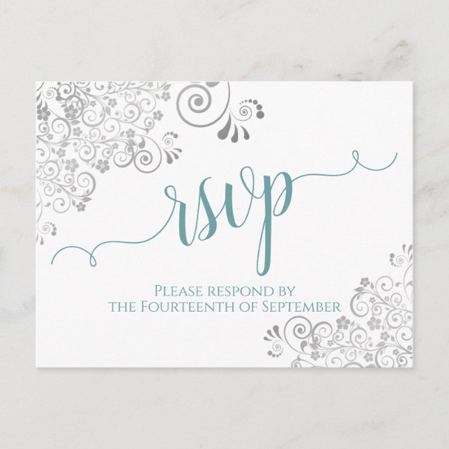 Lacy Calligraphy Teal & White Wedding RSVP Postcard (Front)