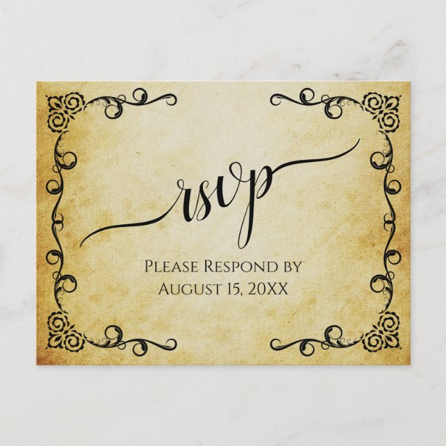 Lacy Calligraphy Vintage Parchment Wedding RSVP Postcard (Front)