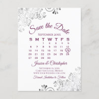 Lacy Cassis Purple Wedding Save the Date Calendar