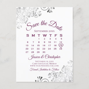 Lacy Cassis Purple Wedding Save the Date Calendar Announcement Postcard