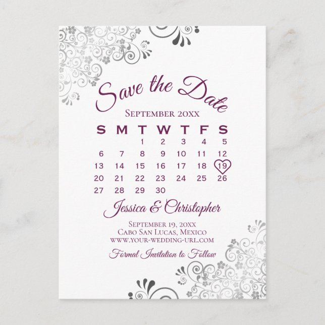 Lacy Cassis Purple Wedding Save the Date Calendar Announcement Postcard (Front)