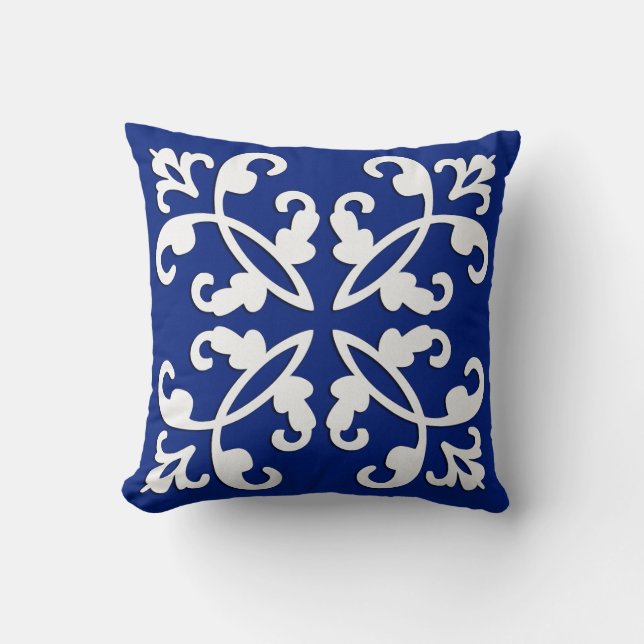 Lacy cutwork - white over lapis blue cushion (Front)