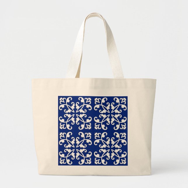 Lacy cutwork - white over lapis blue large tote bag (Front)