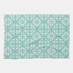 Lacy cutwork - white over seafoam green tea towel