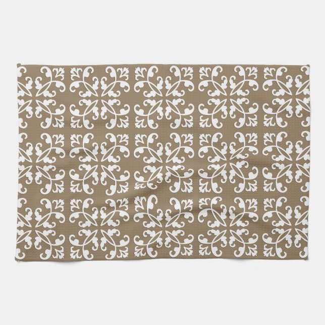Lacy cutwork - white over taupe tan tea towel (Horizontal)
