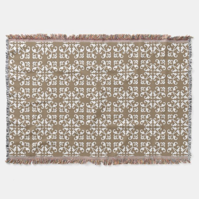 Lacy cutwork - white over taupe tan throw blanket (Front)