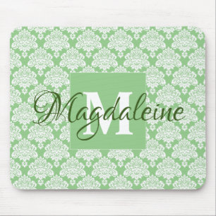 Lacy Damask Feminine Green & White Monogram & Name Mouse Mat
