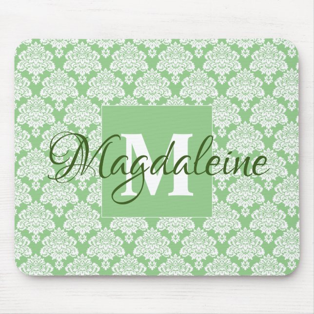 Lacy Damask Feminine Green & White Monogram & Name Mouse Mat (Front)