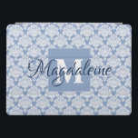 Lacy Dusty Blue Damask Monogram & Name Feminine iPad Pro Cover<br><div class="desc">This beautiful iPad case features a classic white damask pattern over a light blue grey background. The design is personalised with a monogram initial letter as well as a customisable name. Perfect for work or school, or any woman who wants a pretty feminine case with a simple yet elegant design....</div>