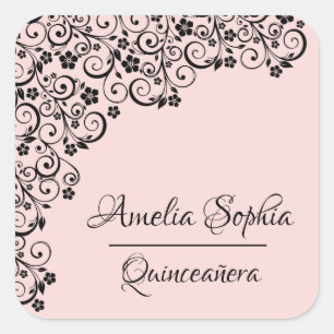 Lacy Elegant Quinceañera Blush Pink and Black Square Sticker