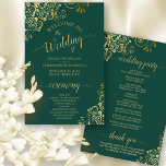 Lacy Emerald Green & Gold Budget Wedding Program<br><div class="desc">These wedding programs are elegant and tasteful, while still being budget friendly. The design features ornate golden faux foil frills with gold text on an emerald green colored background. The typography features lacy script calligraphy, and there is room for details on the ceremony, the bridal party, and a short thank...</div>