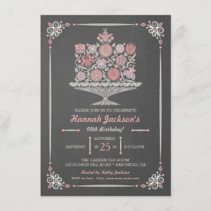 Lacy Flower Birthday Cake Chalkboard Invitation