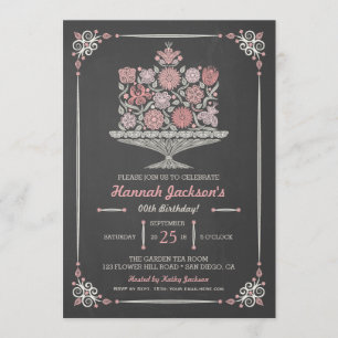 Lacy Flower Birthday Cake Chalkboard Invite 5x7