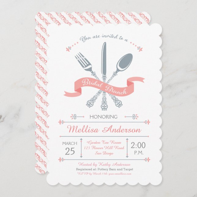 Lacy Fork Knife Spoon Bridal Brunch Invitation (Front/Back)