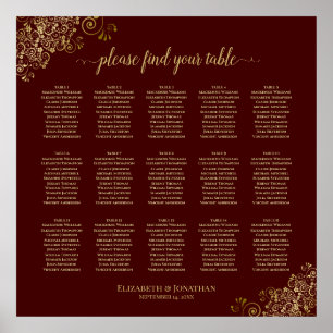 Lacy Gold 15 Table Wedding Seating Chart Burgundy