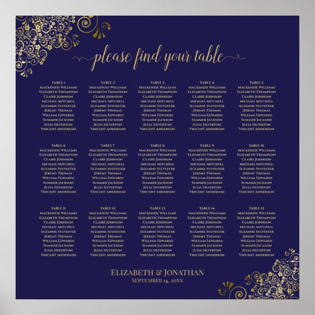 Lacy Gold 15 Table Wedding Seating Chart Navy Blue (Front)
