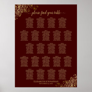 Lacy Gold 22 Table Wedding Seating Chart Burgundy