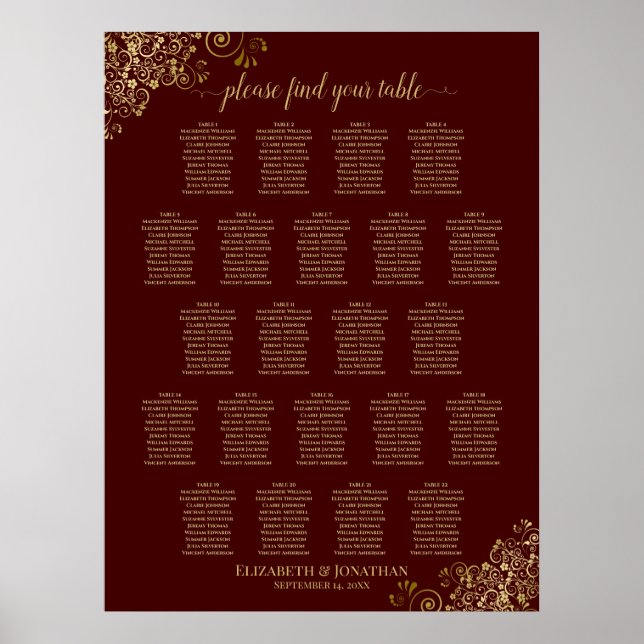 Lacy Gold 22 Table Wedding Seating Chart Burgundy (Front)