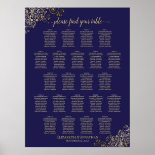 Lacy Gold 22 Table Wedding Seating Chart Navy Blue