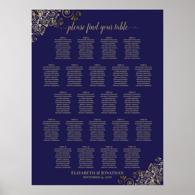 Lacy Gold 22 Table Wedding Seating Chart Navy Blue (Front)