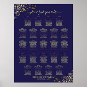 Lacy Gold 23 Table Wedding Seating Chart Navy Blue