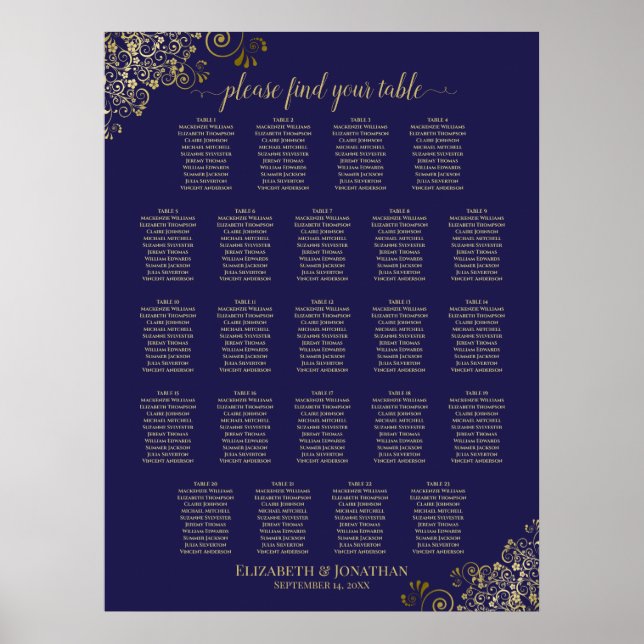 Lacy Gold 23 Table Wedding Seating Chart Navy Blue (Front)