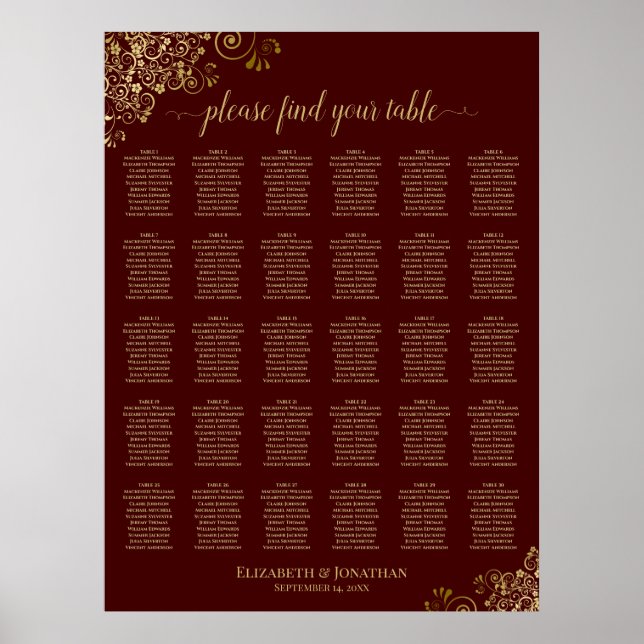 Lacy Gold 30 Table Wedding Seating Chart Auburn (Front)