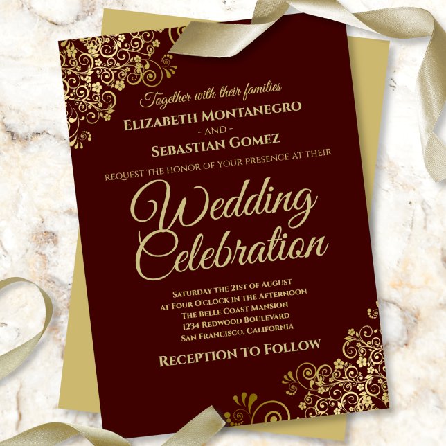 Lacy Gold Auburn Brown Simple Elegant Wedding Invitation (Creator Uploaded)