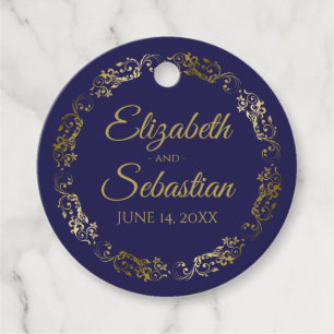 Lacy Gold Border Elegant Navy Blue Wedding Favour Tags