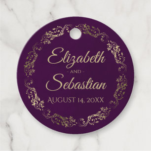 Lacy Gold Border Elegant Plum Purple Wedding Favour Tags