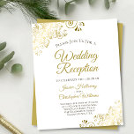 Lacy Gold Budget White Wedding Reception Invite<br><div class="desc">These affordable, budget friendly invitations are designed for guests who are invited to the wedding reception but not the ceremony. The design features a white background with ornate gold frills in the corners. The typography includes fancy script lettering for a style that is at once simple and elegant. Perfect choice...</div>