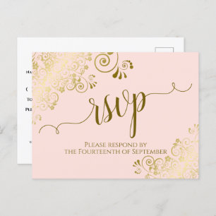 Lacy Gold Calligraphy Blush Pink Wedding RSVP Postcard