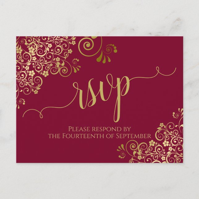 Lacy Gold Calligraphy Burgundy Maroon Wedding RSVP Postcard (Front)