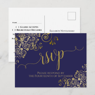 Lacy Gold Calligraphy Chic Navy Blue Wedding RSVP Postcard