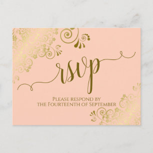 Lacy Gold Calligraphy Coral Peach Wedding RSVP Postcard
