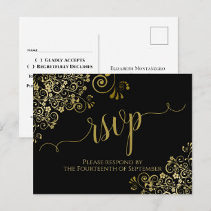 Lacy Gold Calligraphy Elegant Black Wedding RSVP Postcard