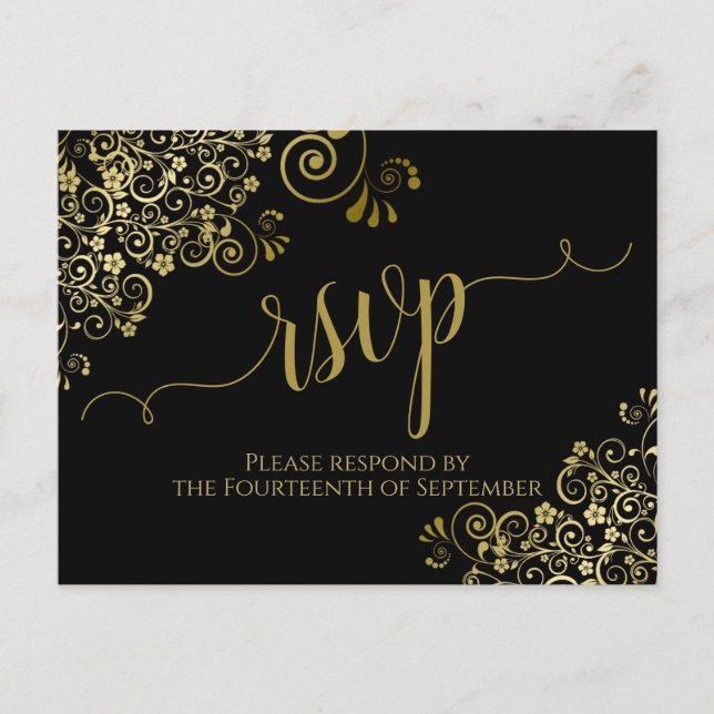 Lacy Gold Calligraphy Elegant Black Wedding RSVP Postcard (Front)