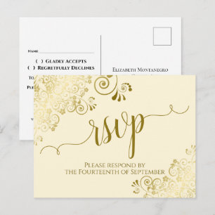 Lacy Gold Calligraphy Elegant Cream Wedding RSVP Postcard