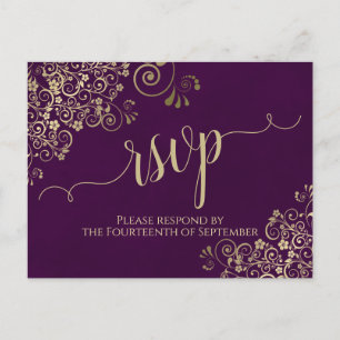 Lacy Gold Calligraphy Elegant Purple Wedding RSVP Postcard