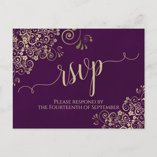 Lacy Gold Calligraphy Elegant Purple Wedding RSVP Postcard (Front)